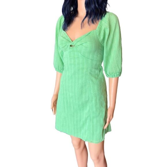NWT Billabong Green Sol Puff Sleeve Boho Cut Out Mini Dress Size Medium - Picture 4 of 9